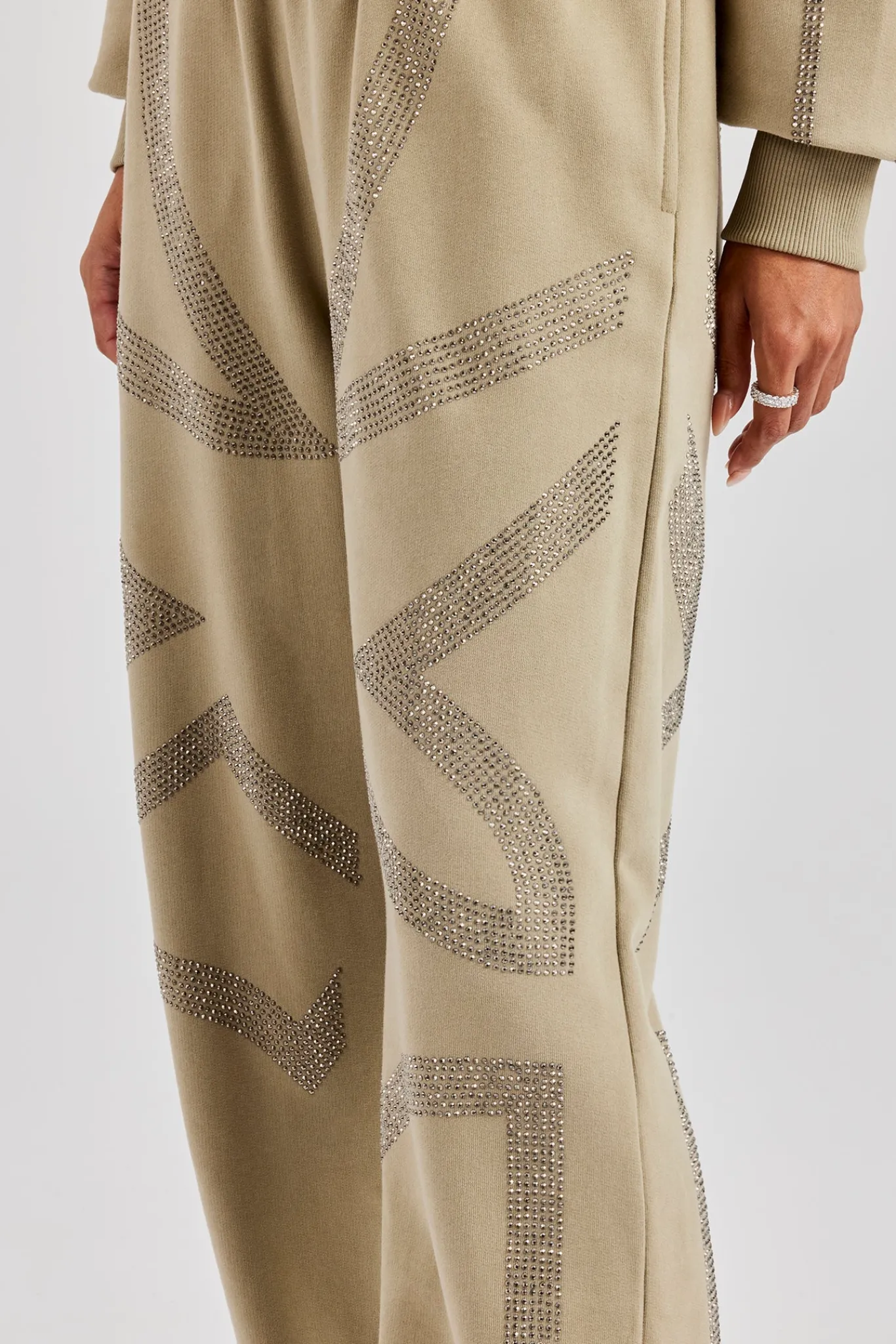 Women CLO-BOT-TRO Rhinestone Cross Wide Leg Jogger - Khaki