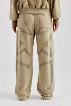 Women CLO-BOT-TRO Rhinestone Cross Wide Leg Jogger - Khaki