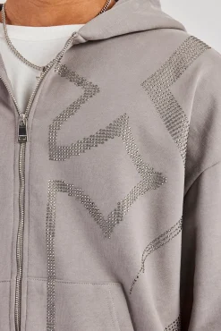 CLO-TOP-HS-HOOD Rhinestone Cross Zip Through Hoodie - Charcoal