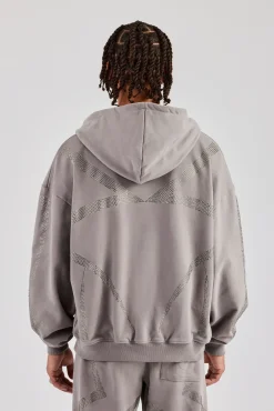 CLO-TOP-HS-HOOD Rhinestone Cross Zip Through Hoodie - Charcoal