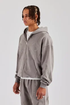 CLO-TOP-HS-HOOD Rhinestone Cross Zip Through Hoodie - Charcoal