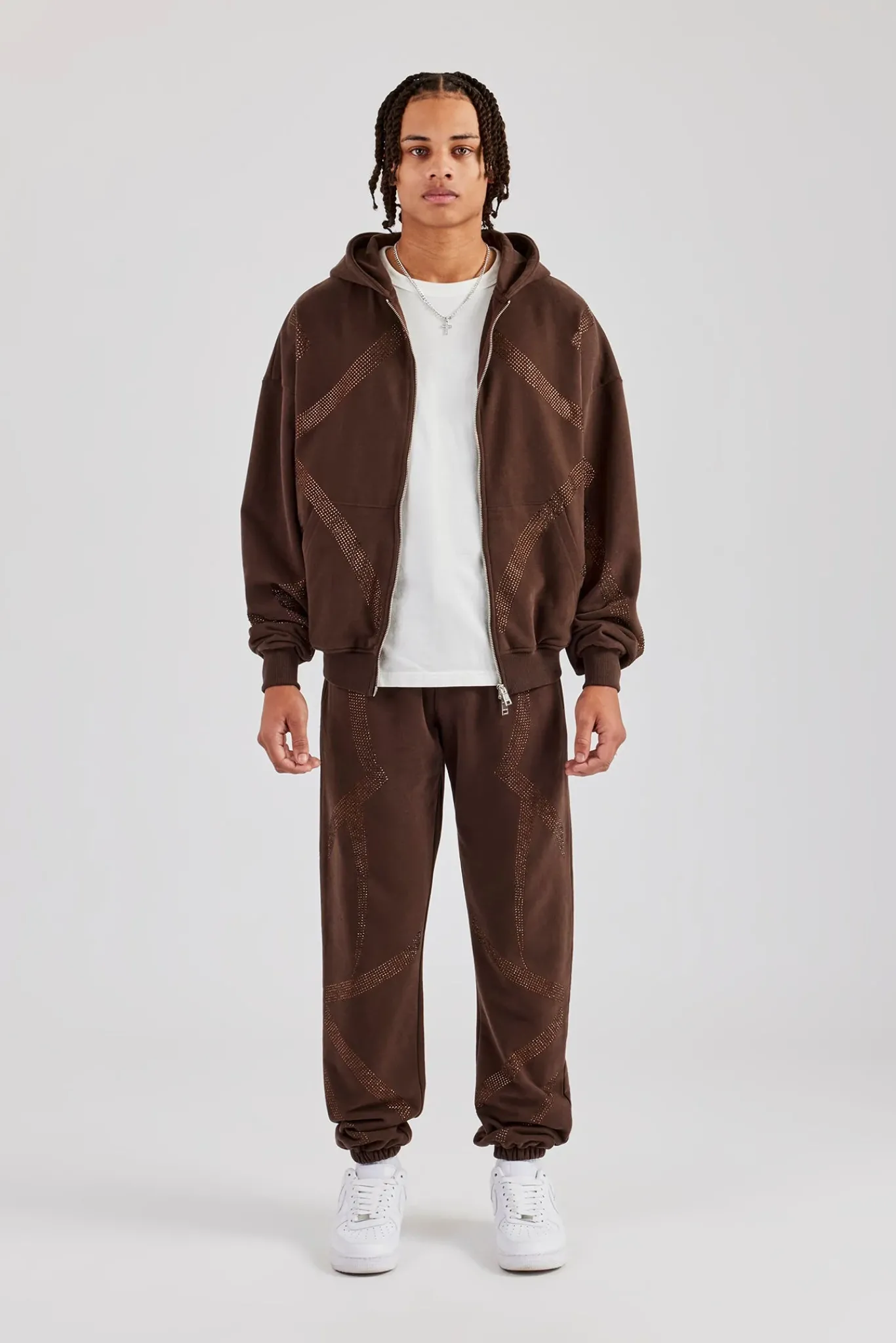 CLO-SET Rhinestone Cross Zip Through Tracksuit - Brown