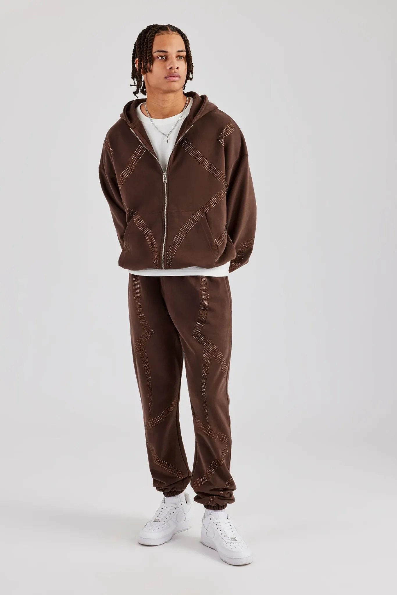 CLO-SET Rhinestone Cross Zip Through Tracksuit - Brown