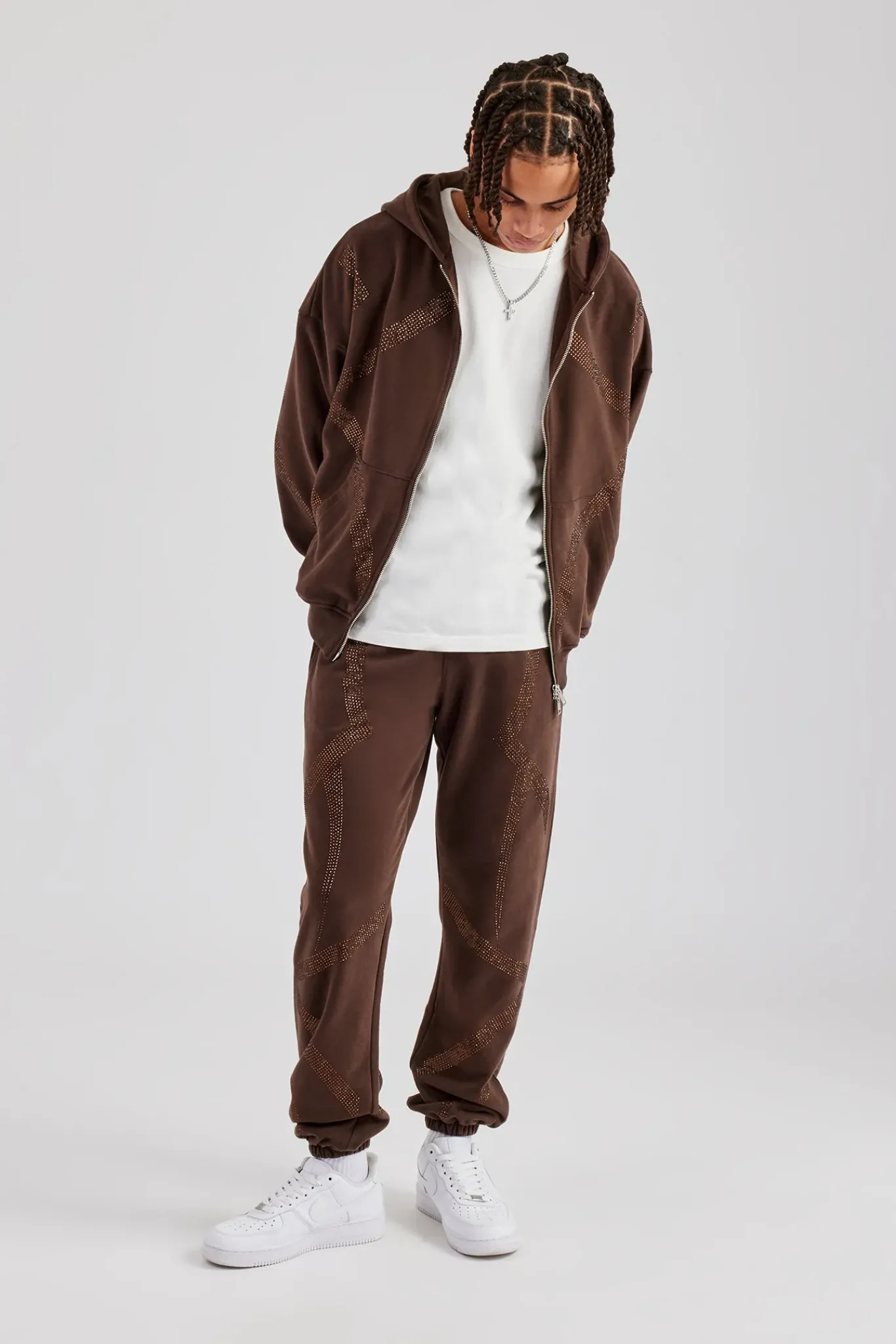 CLO-SET Rhinestone Cross Zip Through Tracksuit - Brown