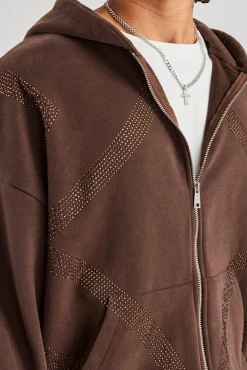 CLO-TOP-HS-HOOD Rhinestone Diamond Zip Through Hoodie - Chocolate