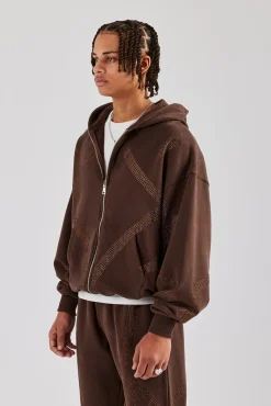 CLO-TOP-HS-HOOD Rhinestone Diamond Zip Through Hoodie - Chocolate