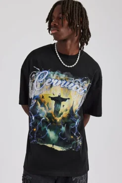 CLO-TOP-TEE Rhinestone Lightning Oversized T-Shirt - Black