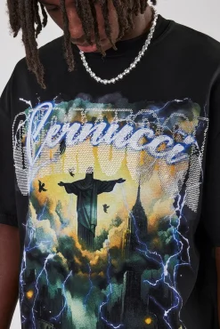 CLO-TOP-TEE Rhinestone Lightning Oversized T-Shirt - Black