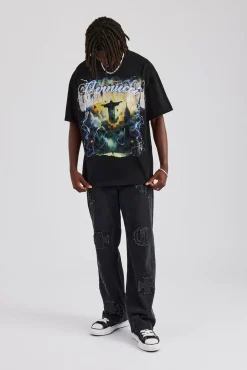 CLO-TOP-TEE Rhinestone Lightning Oversized T-Shirt - Black
