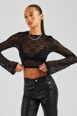 Women CLO-TOP-TEE Rhinestone Long Sleeve Lace Top - Black