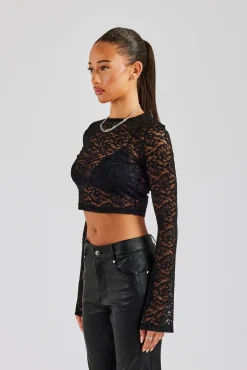 Women CLO-TOP-TEE Rhinestone Long Sleeve Lace Top - Black