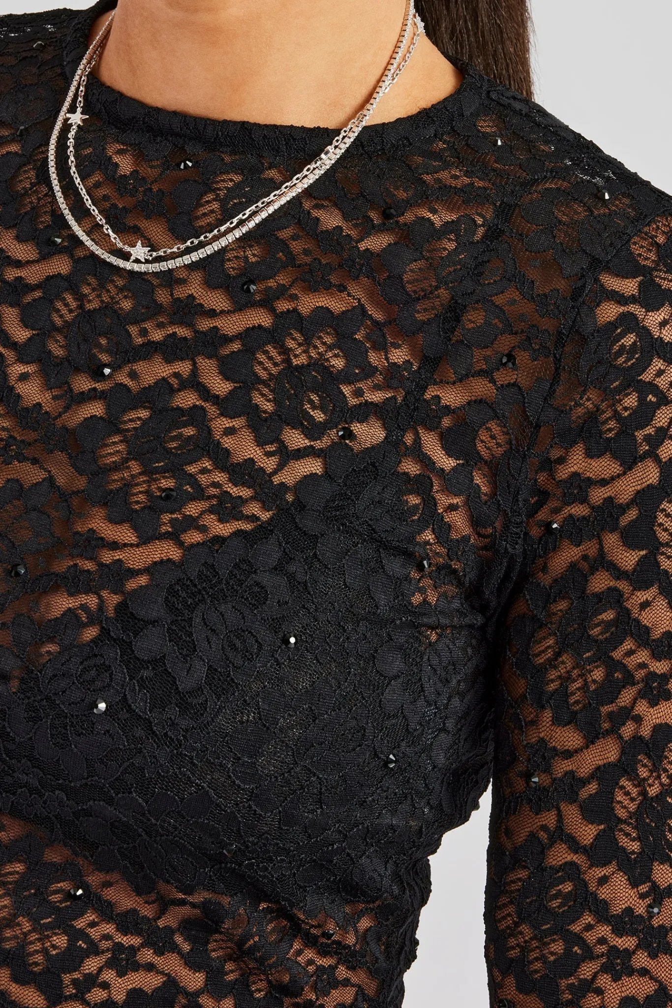 Women CLO-TOP-TEE Rhinestone Long Sleeve Lace Top - Black