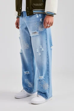 CLO-BOT-DEN Rhinestone Motif Baggy Jean - Mid Blue