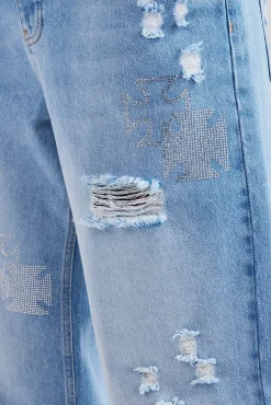 CLO-BOT-DEN Rhinestone Motif Baggy Jean - Mid Blue