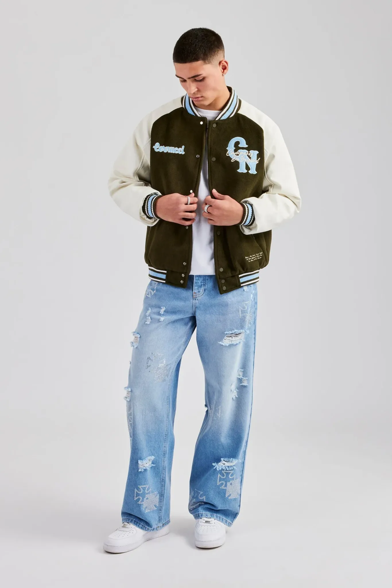 CLO-BOT-DEN Rhinestone Motif Baggy Jean - Mid Blue