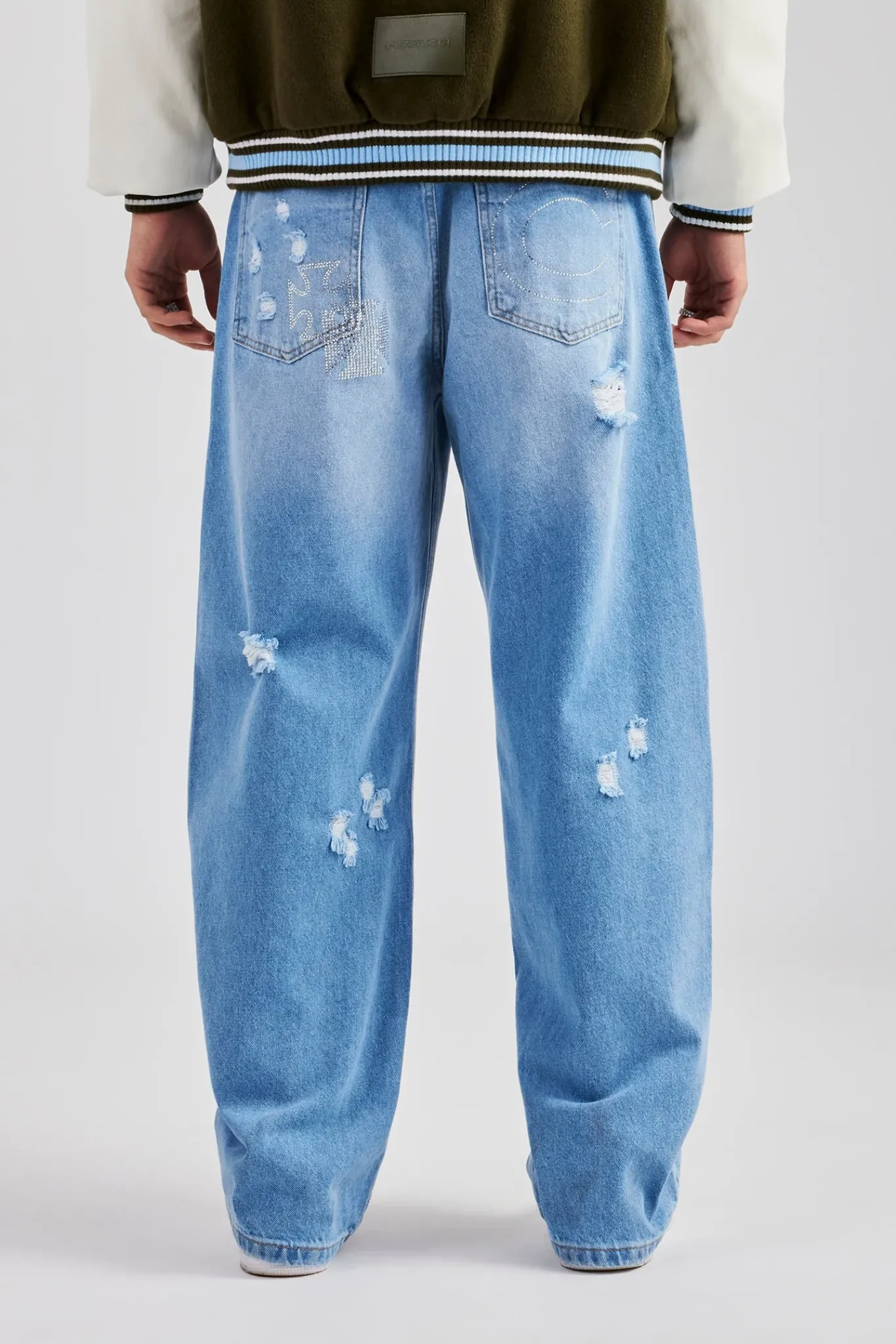 CLO-BOT-DEN Rhinestone Motif Baggy Jean - Mid Blue