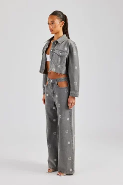 Women CLO-SET-DEN Rhinestone Motif Denim Jacket and Jean Set - Washed Grey