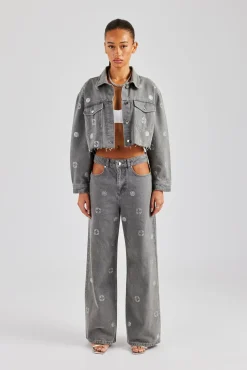 Women CLO-SET-DEN Rhinestone Motif Denim Jacket and Jean Set - Washed Grey
