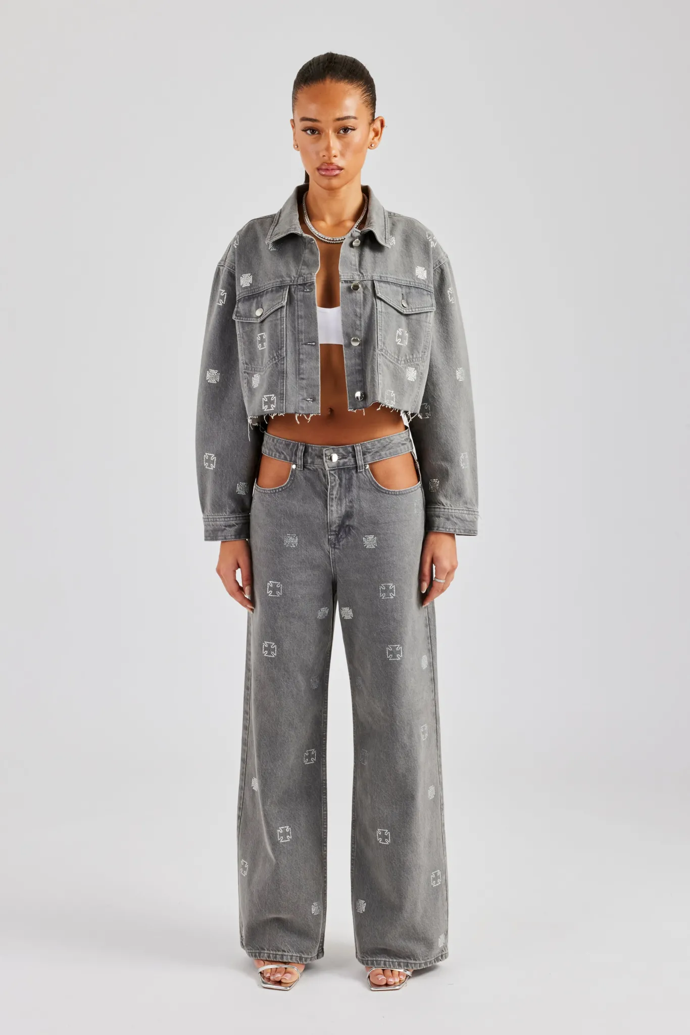Women CLO-SET-DEN Rhinestone Motif Denim Jacket and Jean Set - Washed Grey
