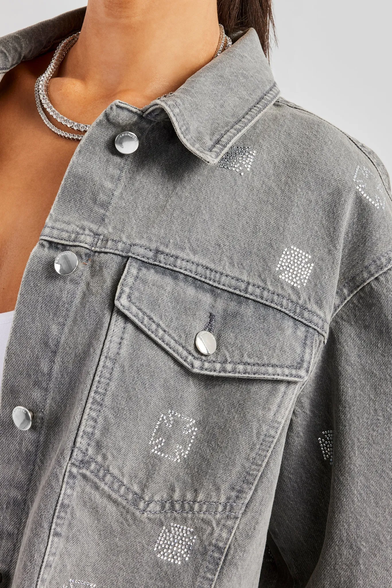 Women CLO-SET-DEN Rhinestone Motif Denim Jacket and Jean Set - Washed Grey