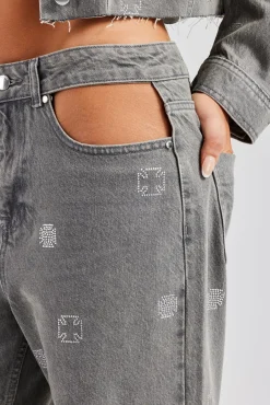 Women CLO-SET-DEN Rhinestone Motif Denim Jacket and Jean Set - Washed Grey