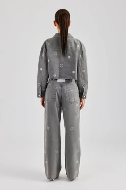 Women CLO-SET-DEN Rhinestone Motif Denim Jacket and Jean Set - Washed Grey