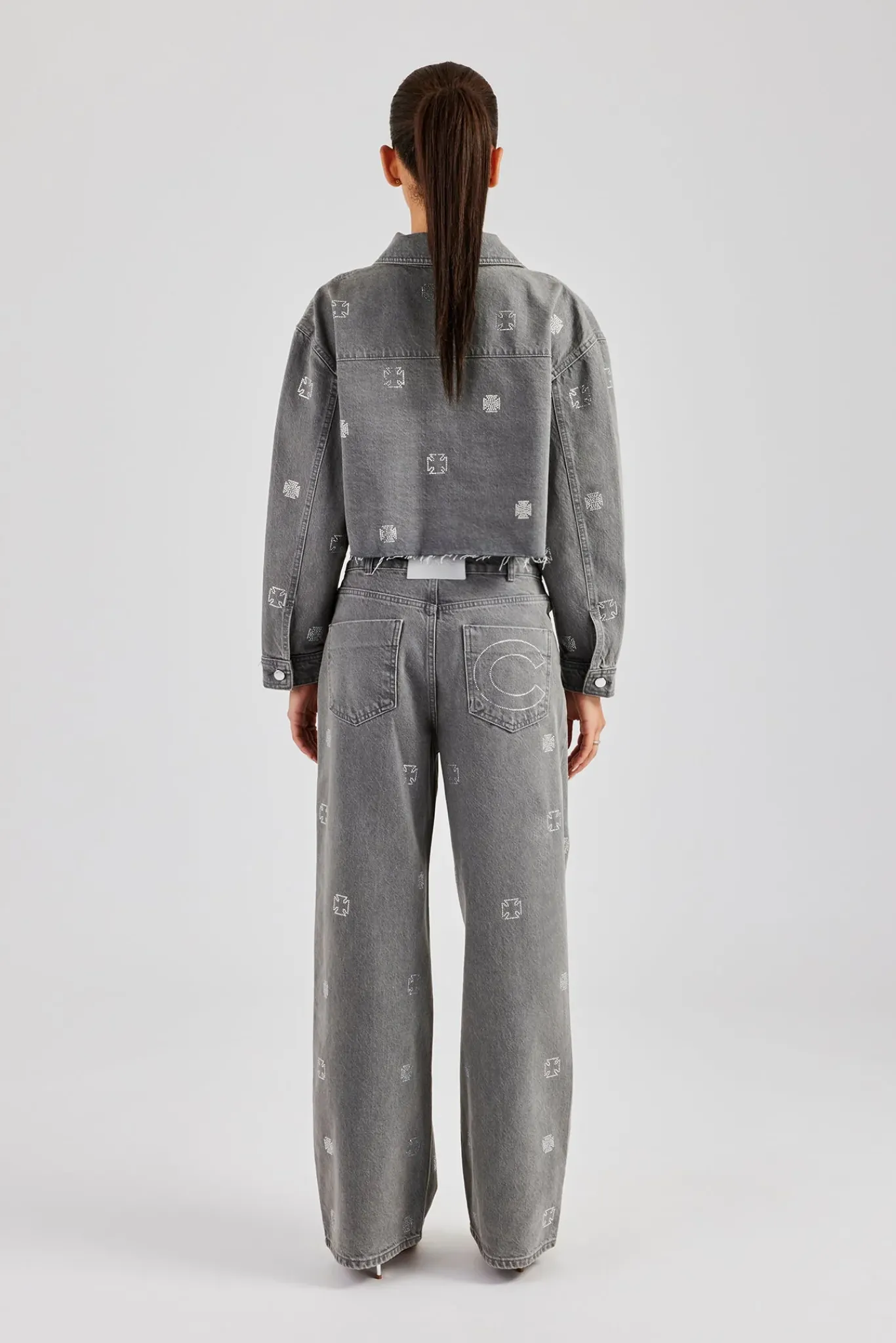 Women CLO-SET-DEN Rhinestone Motif Denim Jacket and Jean Set - Washed Grey