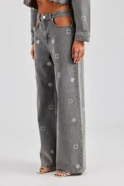 Women CLO-BOT-DEN Rhinestone Motif Relaxed Denim Jean - Washed Grey