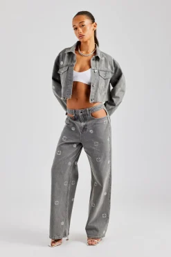 Women CLO-BOT-DEN Rhinestone Motif Relaxed Denim Jean - Washed Grey