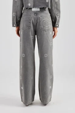 Women CLO-BOT-DEN Rhinestone Motif Relaxed Denim Jean - Washed Grey
