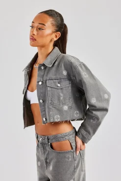Women CLO-TOP-OUT-DEN Rhinestone Motif Relaxed Denim Jacket - Washed Grey