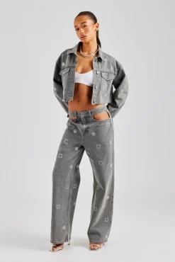 Women CLO-TOP-OUT-DEN Rhinestone Motif Relaxed Denim Jacket - Washed Grey