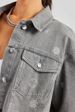 Women CLO-TOP-OUT-DEN Rhinestone Motif Relaxed Denim Jacket - Washed Grey