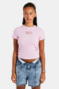 Women CLO-TOP-TEE Rib Glitter Applique Baby Tee - Pink