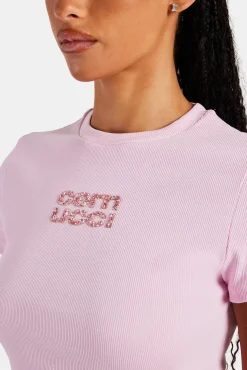Women CLO-TOP-TEE Rib Glitter Applique Baby Tee - Pink