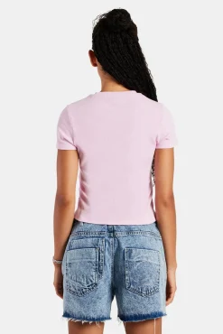 Women CLO-TOP-TEE Rib Glitter Applique Baby Tee - Pink