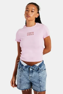 Women CLO-TOP-TEE Rib Glitter Applique Baby Tee - Pink