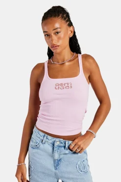 Women CLO-TOP-TEE Rib Glitter Applique Vest Top - Pink