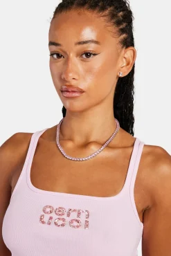 Women CLO-TOP-TEE Rib Glitter Applique Vest Top - Pink