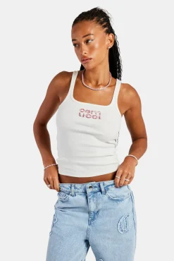 Women CLO-TOP-TEE Rib Glitter Applique Vest Top  White