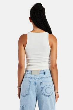 Women CLO-TOP-TEE Rib Glitter Applique Vest Top  White