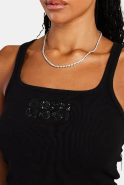 Women CLO-TOP-TEE Rib Glitter Applique Vest Top - Black
