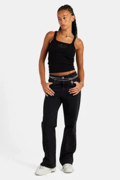 Women CLO-TOP-TEE Rib Glitter Applique Vest Top - Black