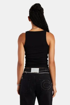 Women CLO-TOP-TEE Rib Glitter Applique Vest Top - Black