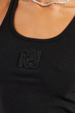 Women CLO-TOP-TEE Ribbed Scoop Neck Embellished Vest - Black