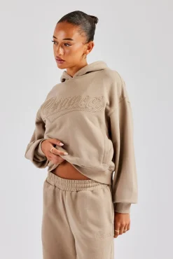 Women CLO-TOP-HS-HOOD Rope Embroidery Oversized Hoodie - Taupe