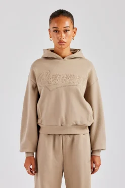 Women CLO-TOP-HS-HOOD Rope Embroidery Oversized Hoodie - Taupe
