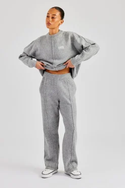 Women CLO-SET-KTW Seam Detail Knitted Sweatshirt & Wide Leg Jogger - Grey
