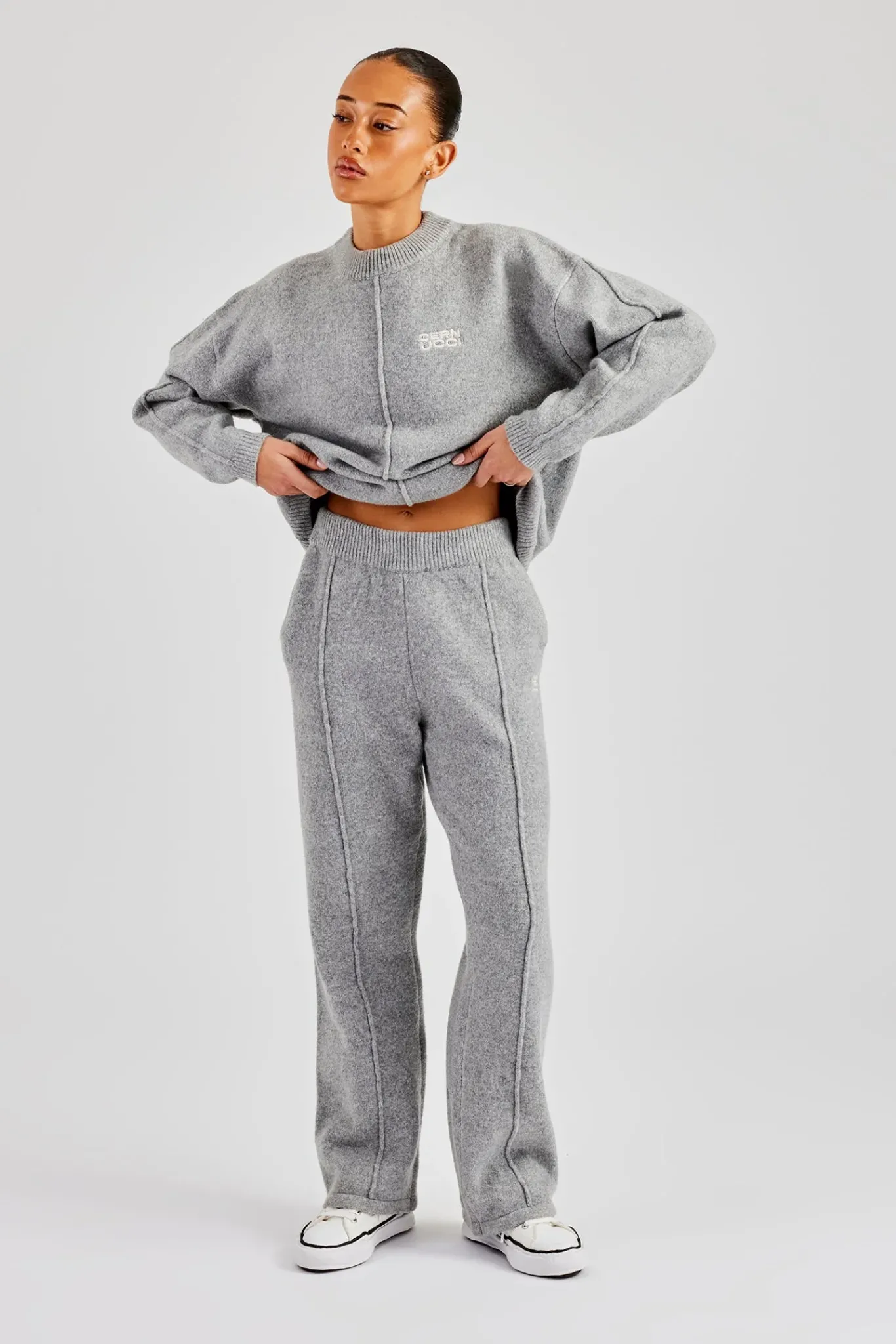 Women CLO-SET-KTW Seam Detail Knitted Sweatshirt & Wide Leg Jogger - Grey