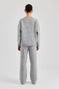Women CLO-SET-KTW Seam Detail Knitted Sweatshirt & Wide Leg Jogger - Grey